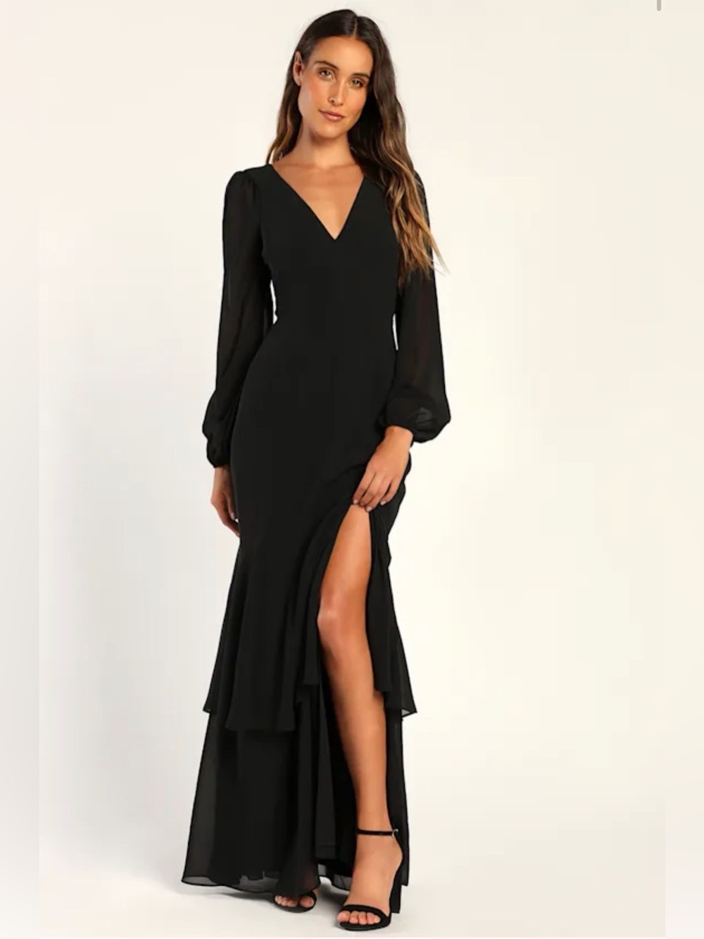 NWT Lulus Black V-Neck Sheer Long Sleeve Maxi Dress with Slit Large